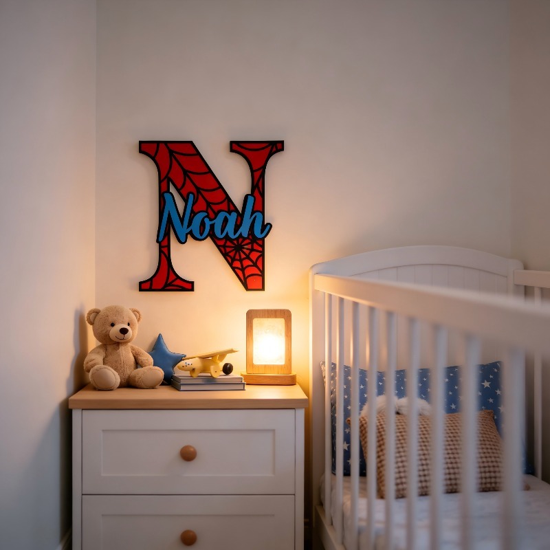 Wooden Letter Sign - Personalized Spider‑Web Name Hanging Sign, Custom