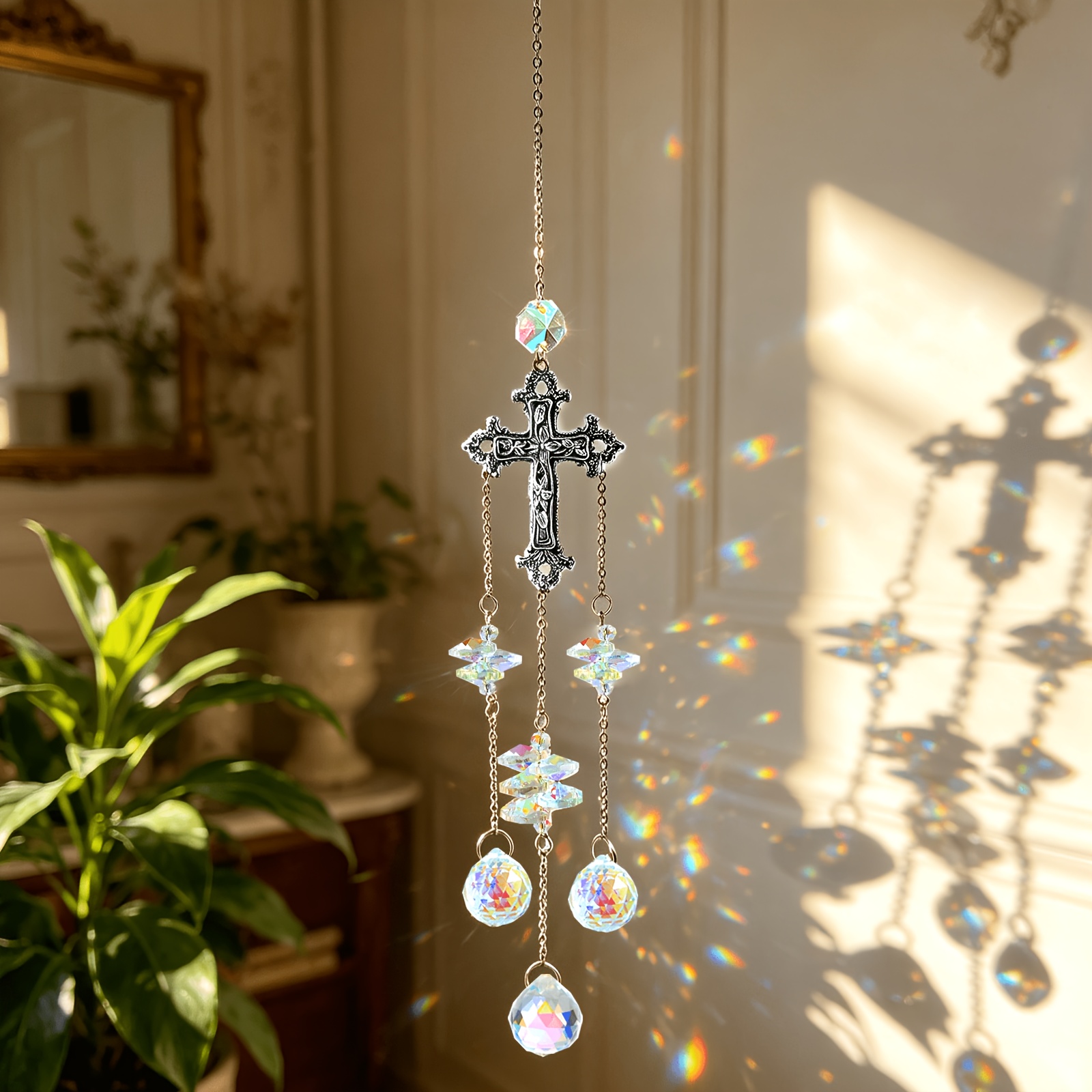 Crystal Sun Catcher - Cross-Shaped Sun Catcher Window Hanging Prism