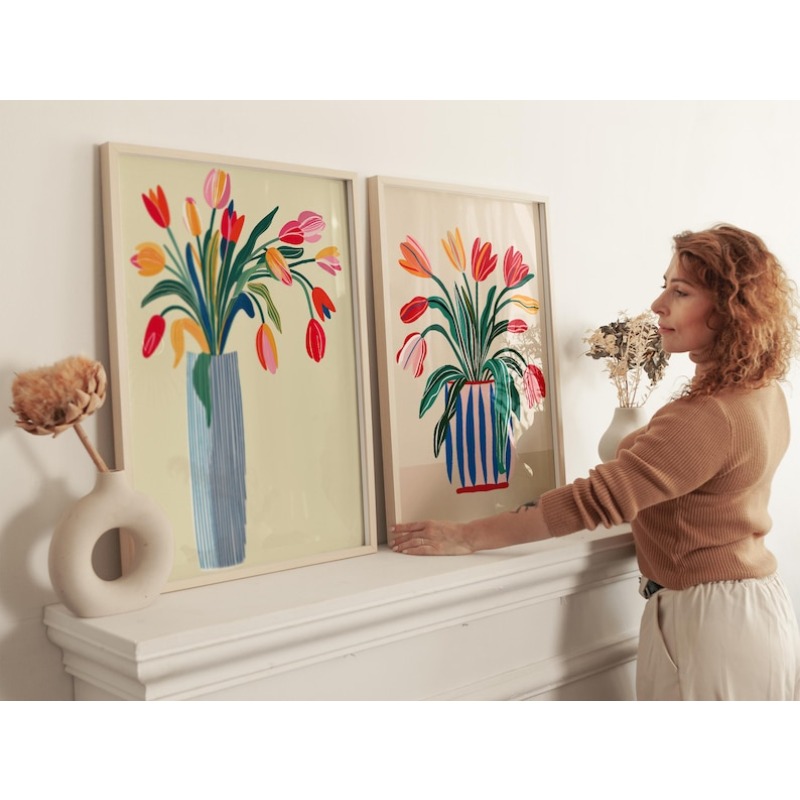 2pcs Tulip Flowers Canvas Wall - Home Decor Vase ulasan dan harga