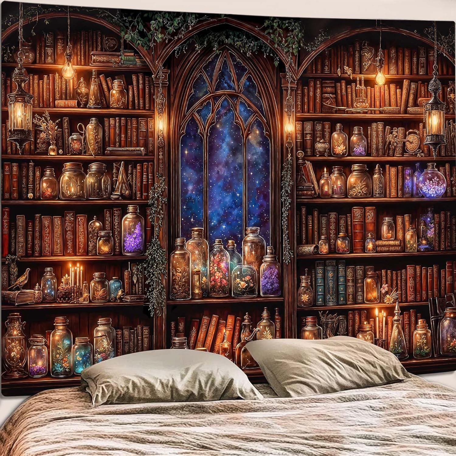 Fantasy Bookshelf Tapestry Med - Aesthetic Tapestry ulasan dan harga